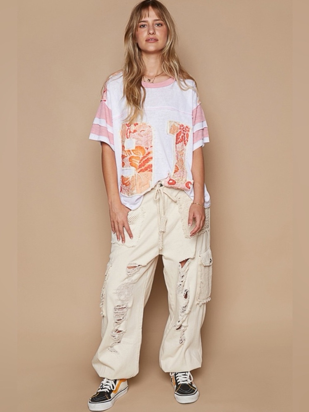 POL | Cream Patchwork Cargo Joggers w/ Distressed & Patch Pocket Details Sz L
